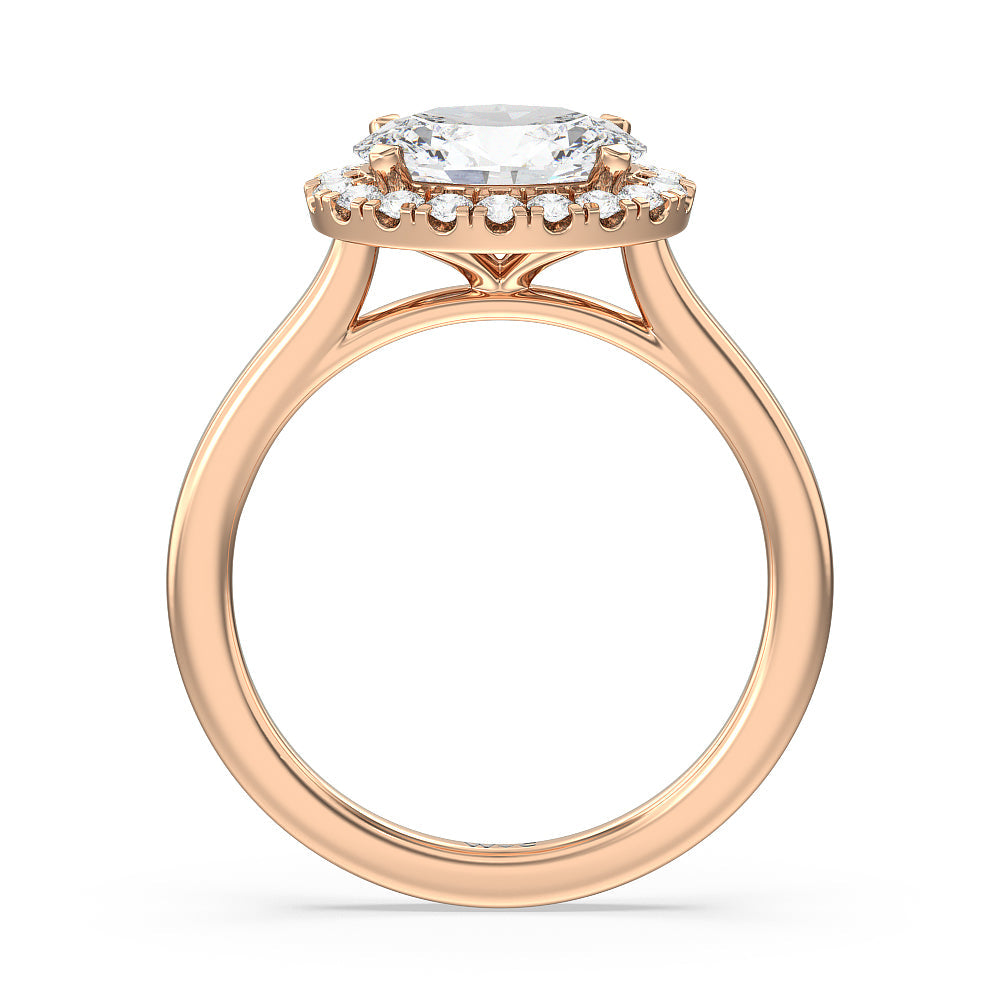 East West Halo Cathedral Engagement Ring with West Oval Cut Diamond in 14KT Rose Gold view 2
