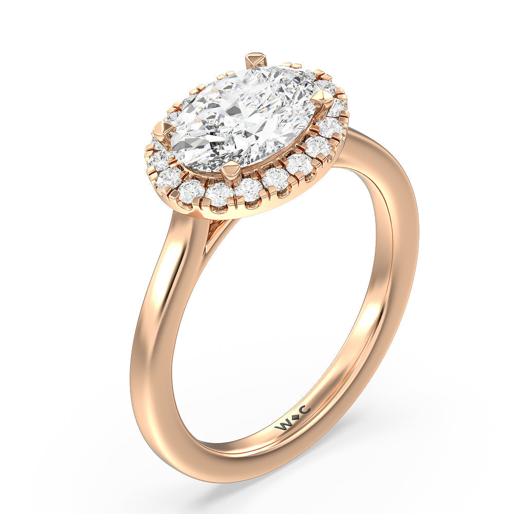 East West Halo Cathedral Engagement Ring with West Oval Cut Diamond in 14KT Rose Gold view 3
