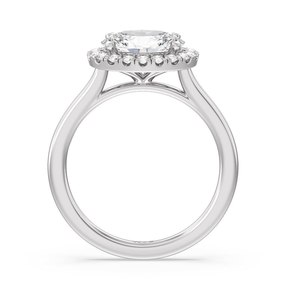 East West Halo Cathedral Engagement Ring with West Oval Cut Diamond in 14KT Platinum view 2
