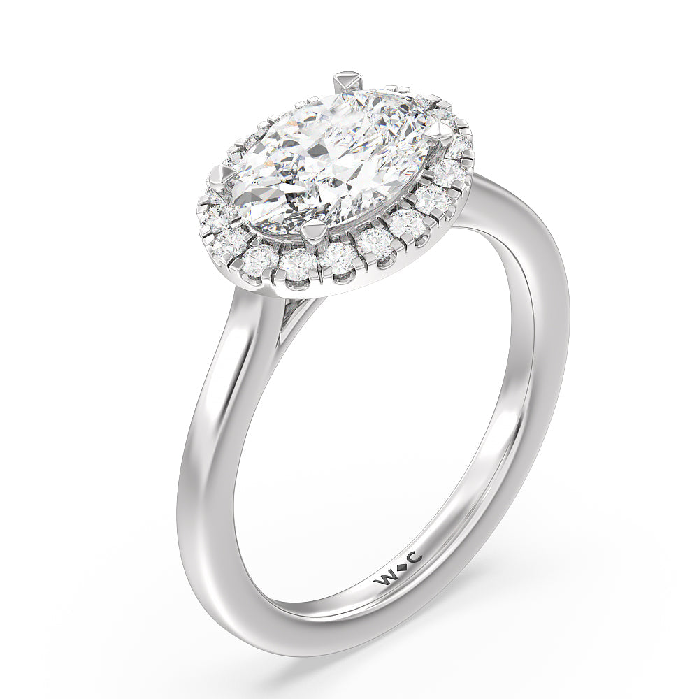 East West Halo Cathedral Engagement Ring with West Oval Cut Diamond in 14KT Platinum view 3
