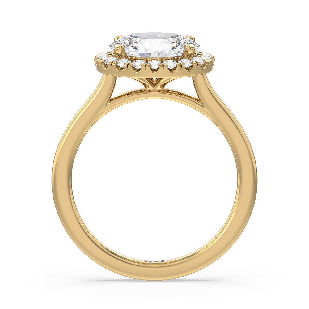 East West Halo Cathedral Engagement Ring with West Oval Cut Diamond in 14KT Yellow Gold view 2
