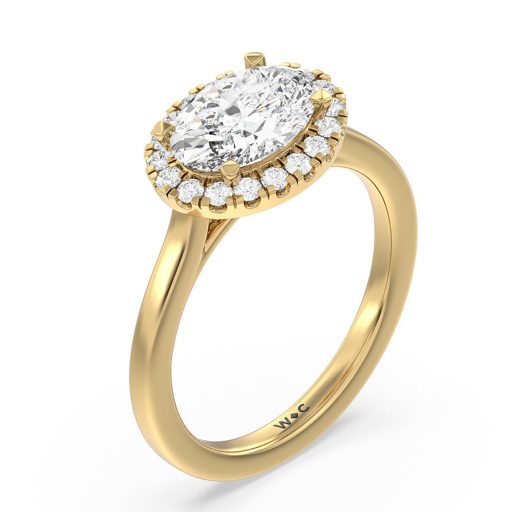 East West Halo Cathedral Engagement Ring with West Oval Cut Diamond in 14KT Yellow Gold view 3
