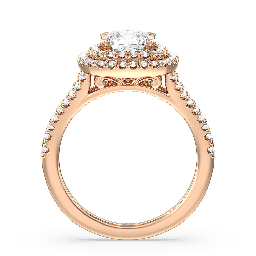 Double Halo Split Shank Cathedral Engagement Ring with Cushion Cut Diamond in 14KT Rose Gold view 2
