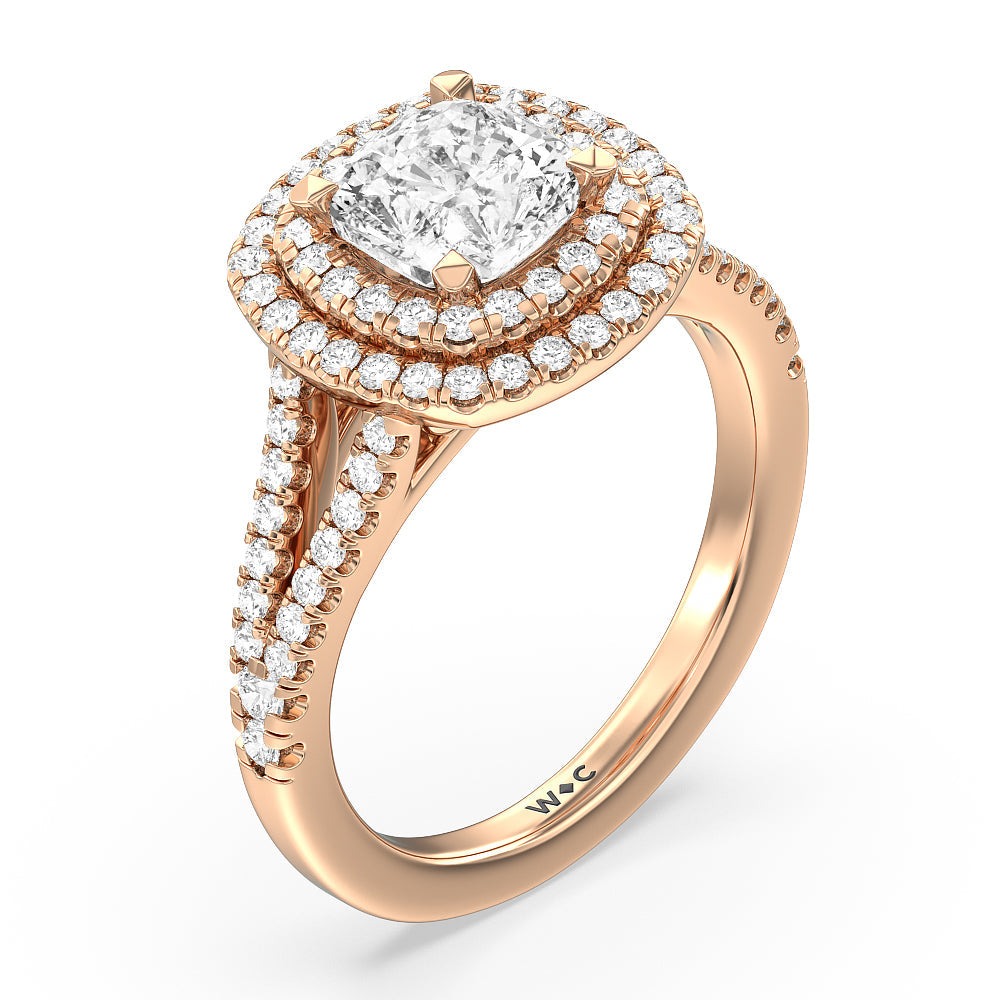 Double Halo Split Shank Cathedral Engagement Ring with Cushion Cut Diamond in 14KT Rose Gold view 3
