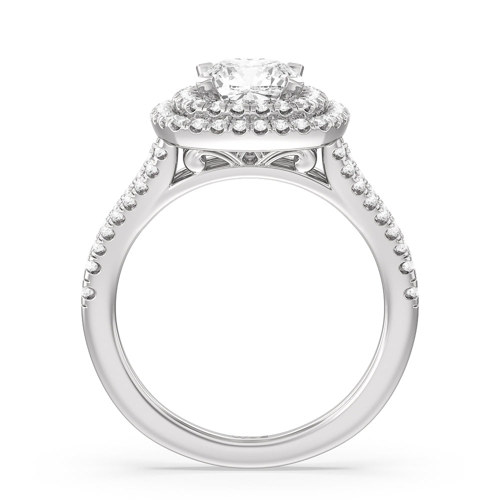 Double Halo Split Shank Cathedral Engagement Ring with Cushion Cut Diamond in 14KT Platinum view 2
