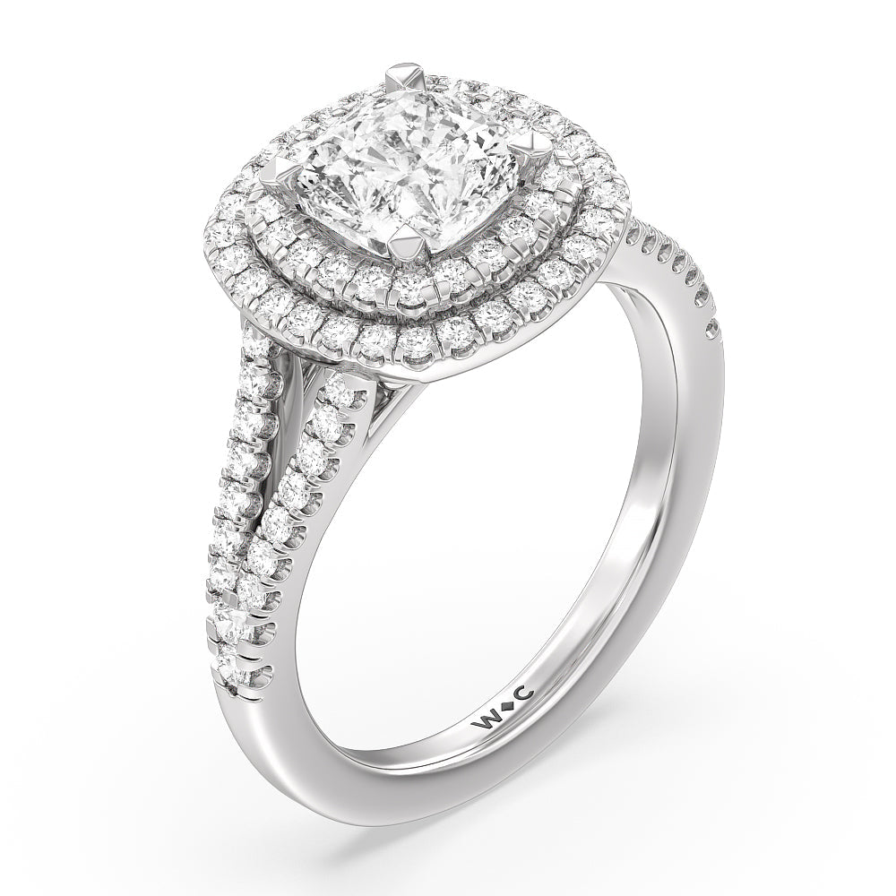 Double Halo Split Shank Cathedral Engagement Ring with Cushion Cut Diamond in 14KT Platinum view 3
