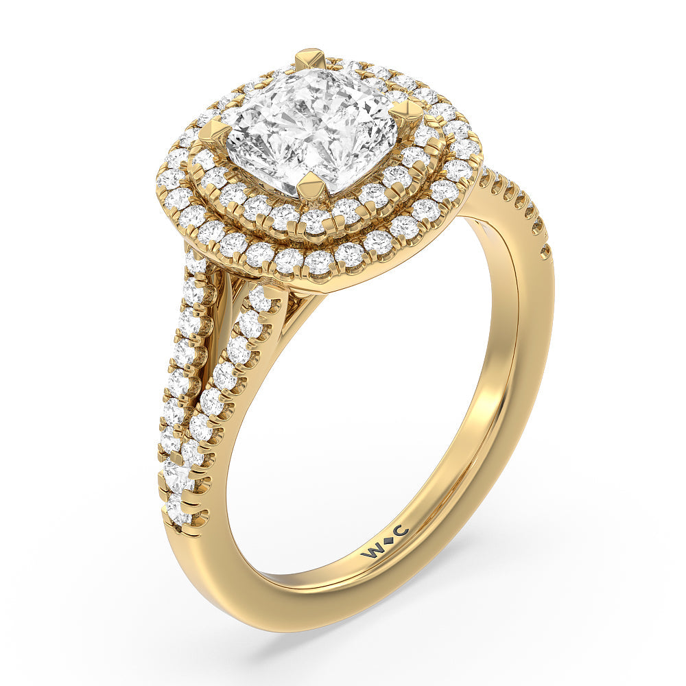 Double Halo Split Shank Cathedral Engagement Ring with Cushion Cut Diamond in 14KT Yellow Gold view 3
