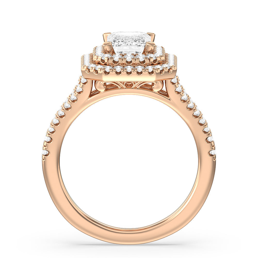 Double Halo Split Shank Cathedral Engagement Ring with Emerald Cut Diamond in 14KT Rose Gold view 2
