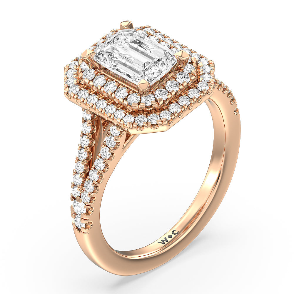 Double Halo Split Shank Cathedral Engagement Ring with Emerald Cut Diamond in 14KT Rose Gold view 3
