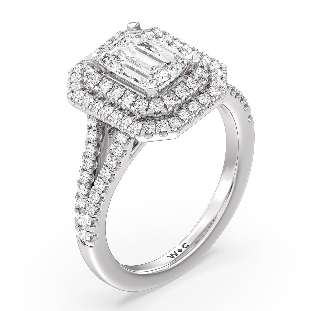 Double Halo Split Shank Cathedral Engagement Ring with Emerald Cut Diamond in 14KT Platinum view 3
