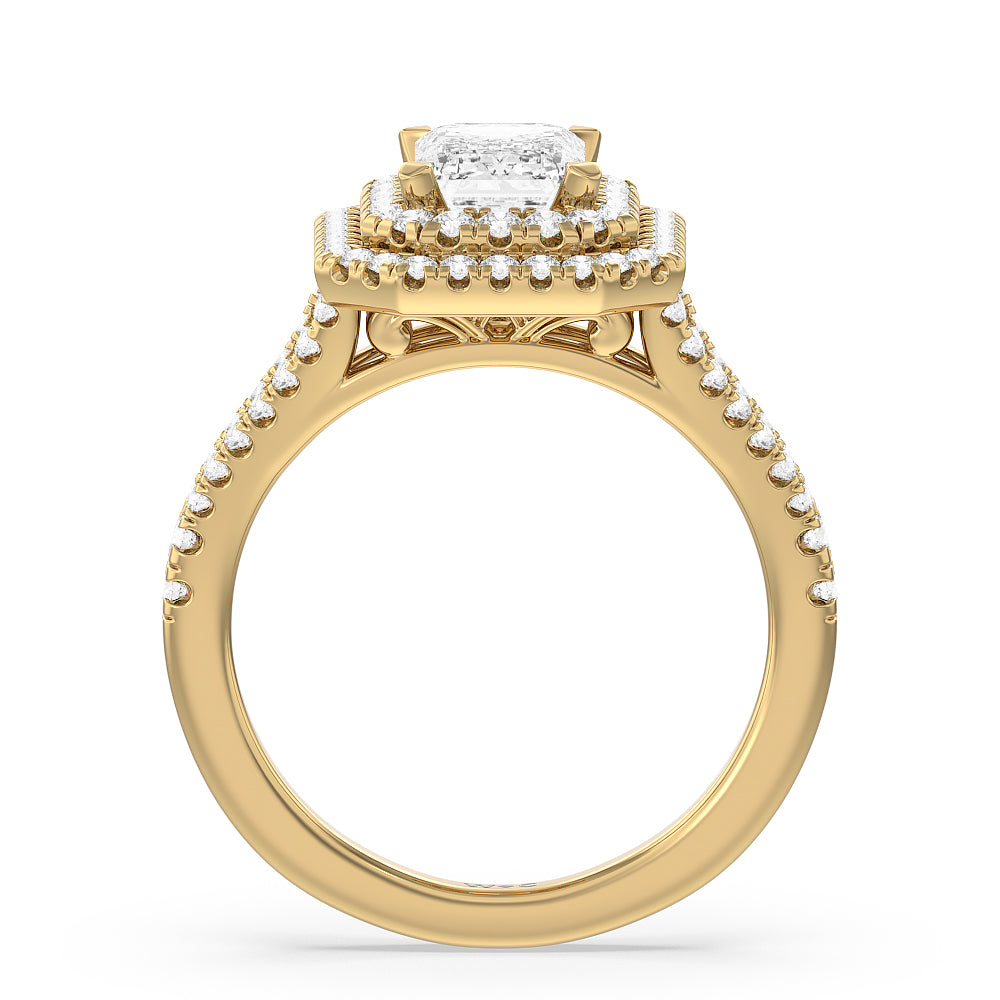Double Halo Split Shank Cathedral Engagement Ring with Emerald Cut Diamond in 14KT Yellow Gold view 2
