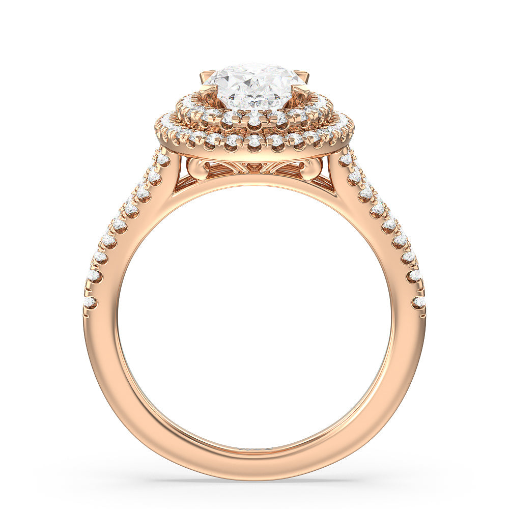 Double Halo Split Shank Cathedral Engagement Ring with Oval Cut Diamond in 14KT Rose Gold view 2
