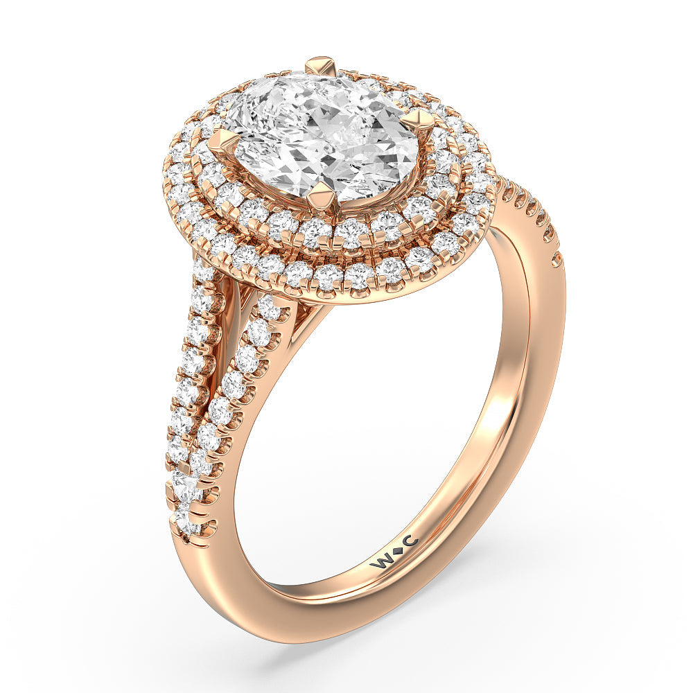 Double Halo Split Shank Cathedral Engagement Ring with Oval Cut Diamond in 14KT Rose Gold view 3
