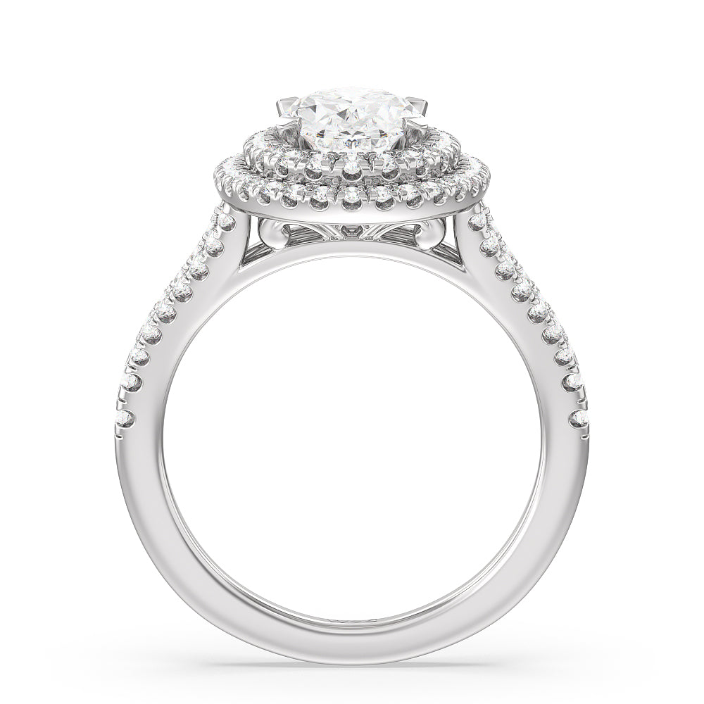 Double Halo Split Shank Cathedral Engagement Ring with Oval Cut Diamond in 14KT Platinum view 2
