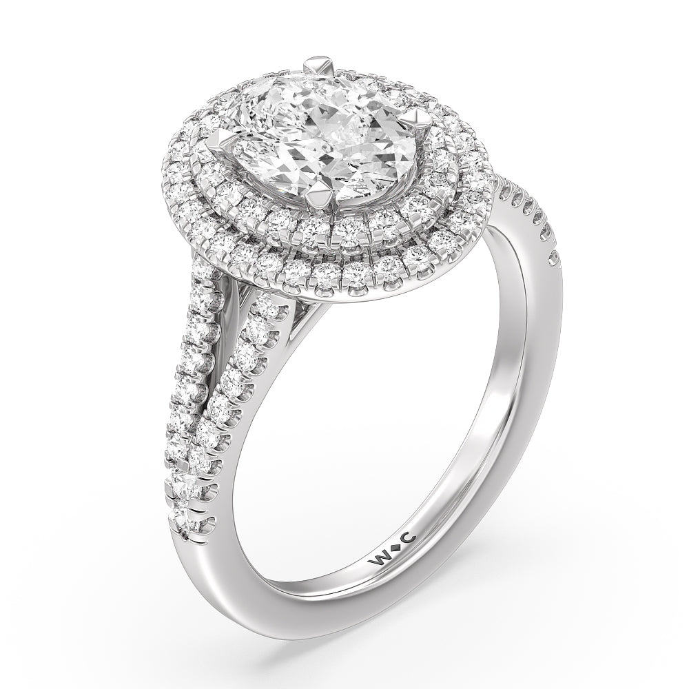 Double Halo Split Shank Cathedral Engagement Ring with Oval Cut Diamond in 14KT Platinum view 3
