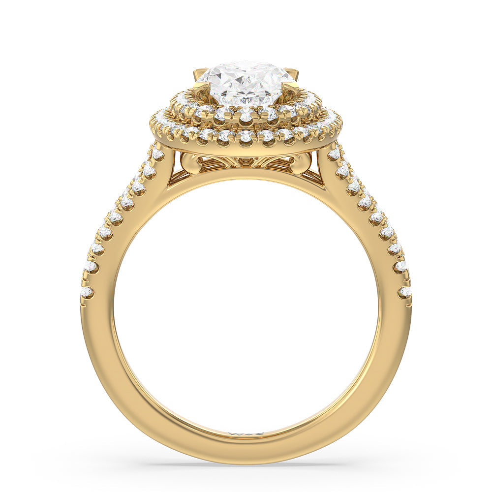 Double Halo Split Shank Cathedral Engagement Ring with Oval Cut Diamond in 14KT Yellow Gold view 2
