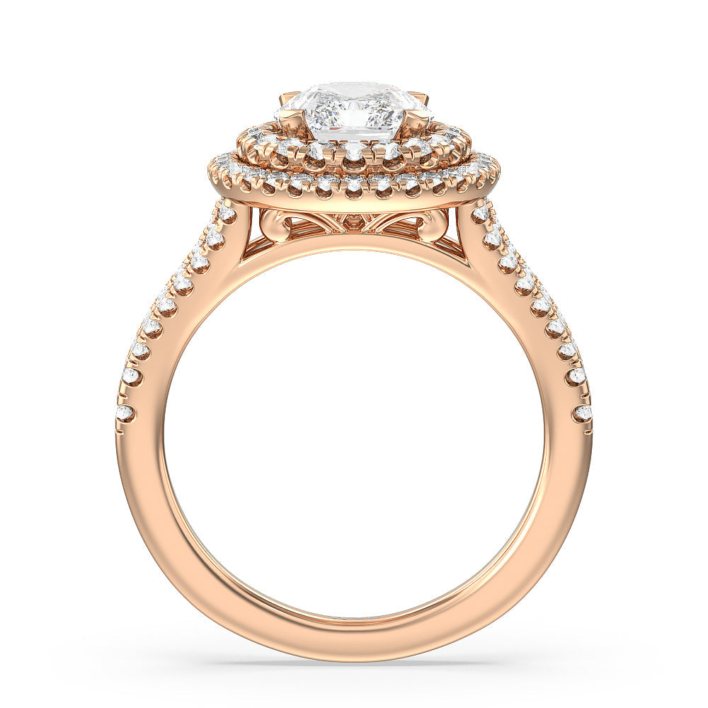 Double Halo Split Shank Cathedral Engagement Ring with Radiant Cut Diamond in 14KT Rose Gold view 2
