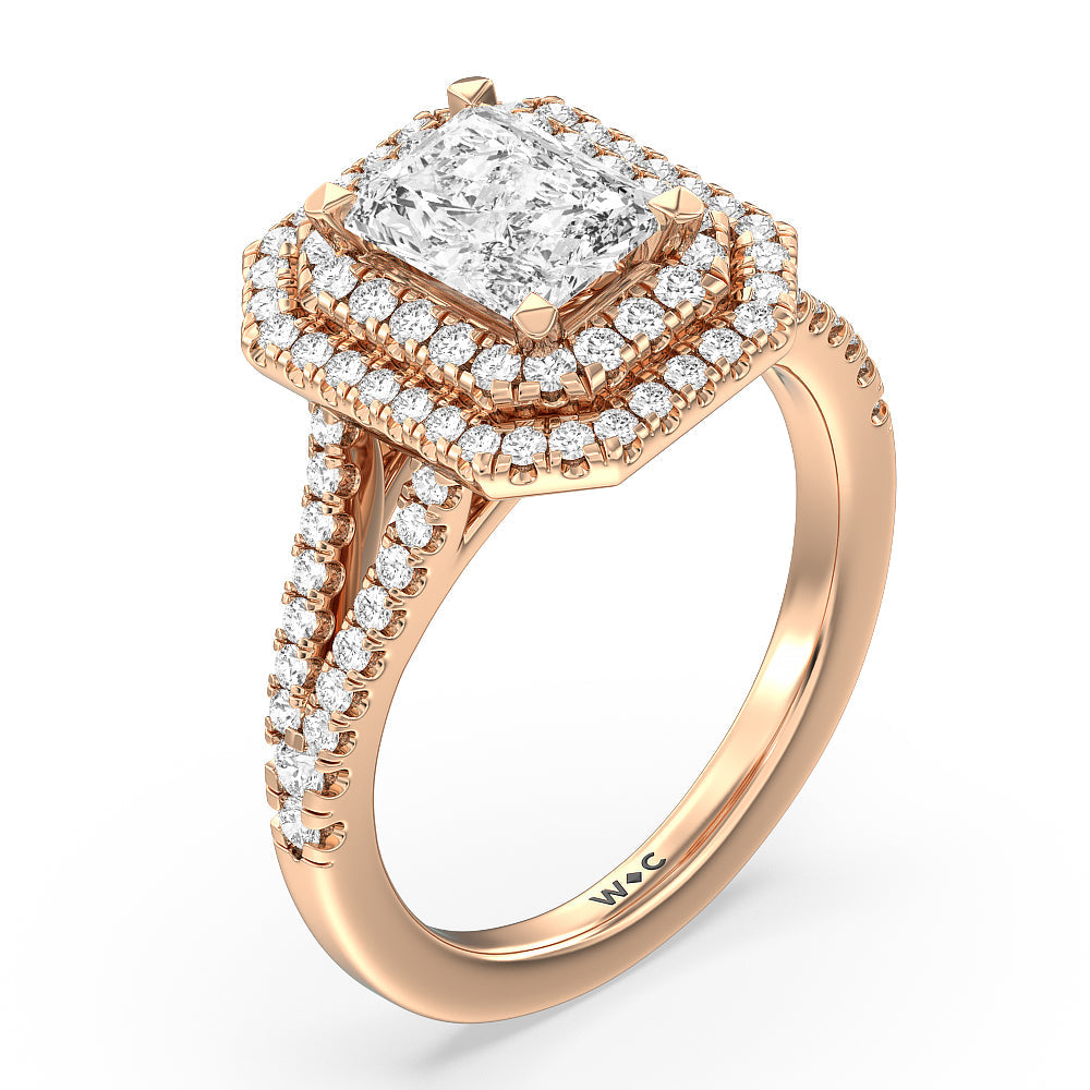 Double Halo Split Shank Cathedral Engagement Ring with Radiant Cut Diamond in 14KT Rose Gold view 3

