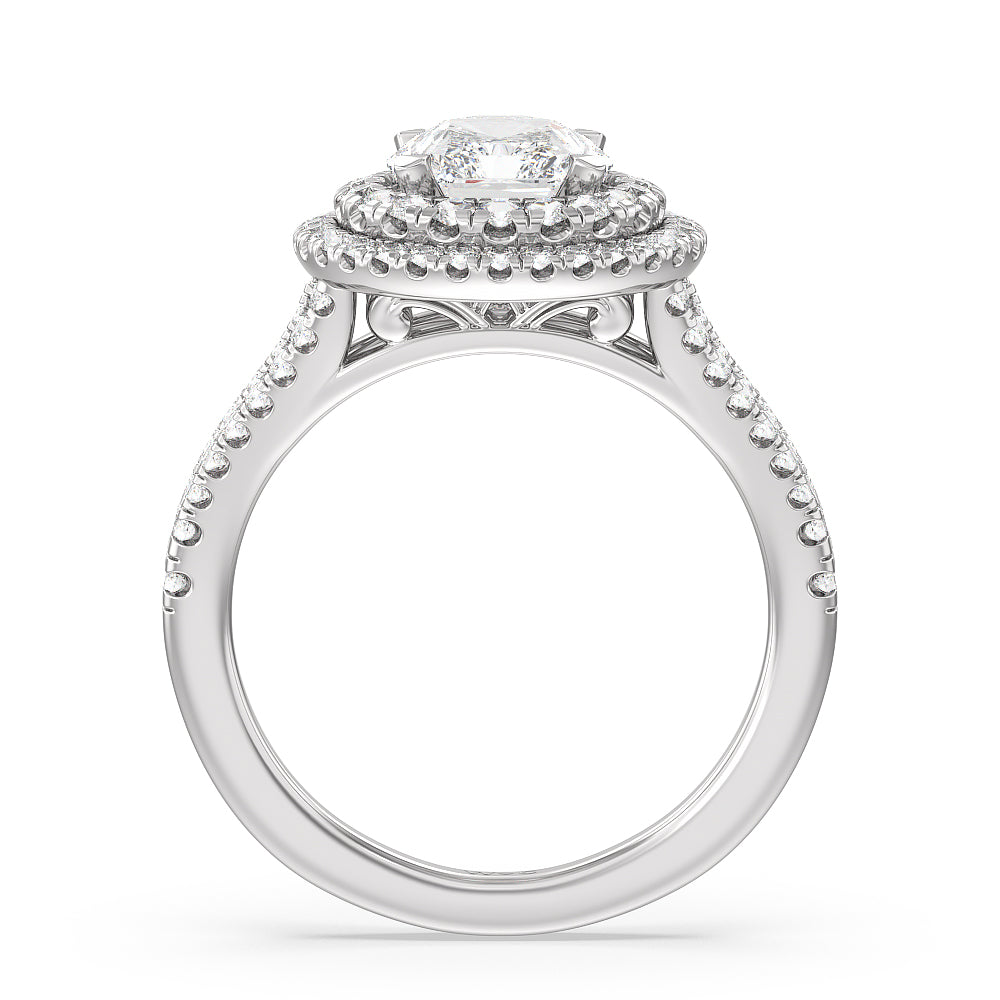 Double Halo Split Shank Cathedral Engagement Ring with Radiant Cut Diamond in 14KT Platinum view 2
