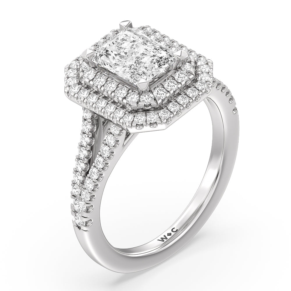 Double Halo Split Shank Cathedral Engagement Ring with Radiant Cut Diamond in 14KT Platinum view 3
