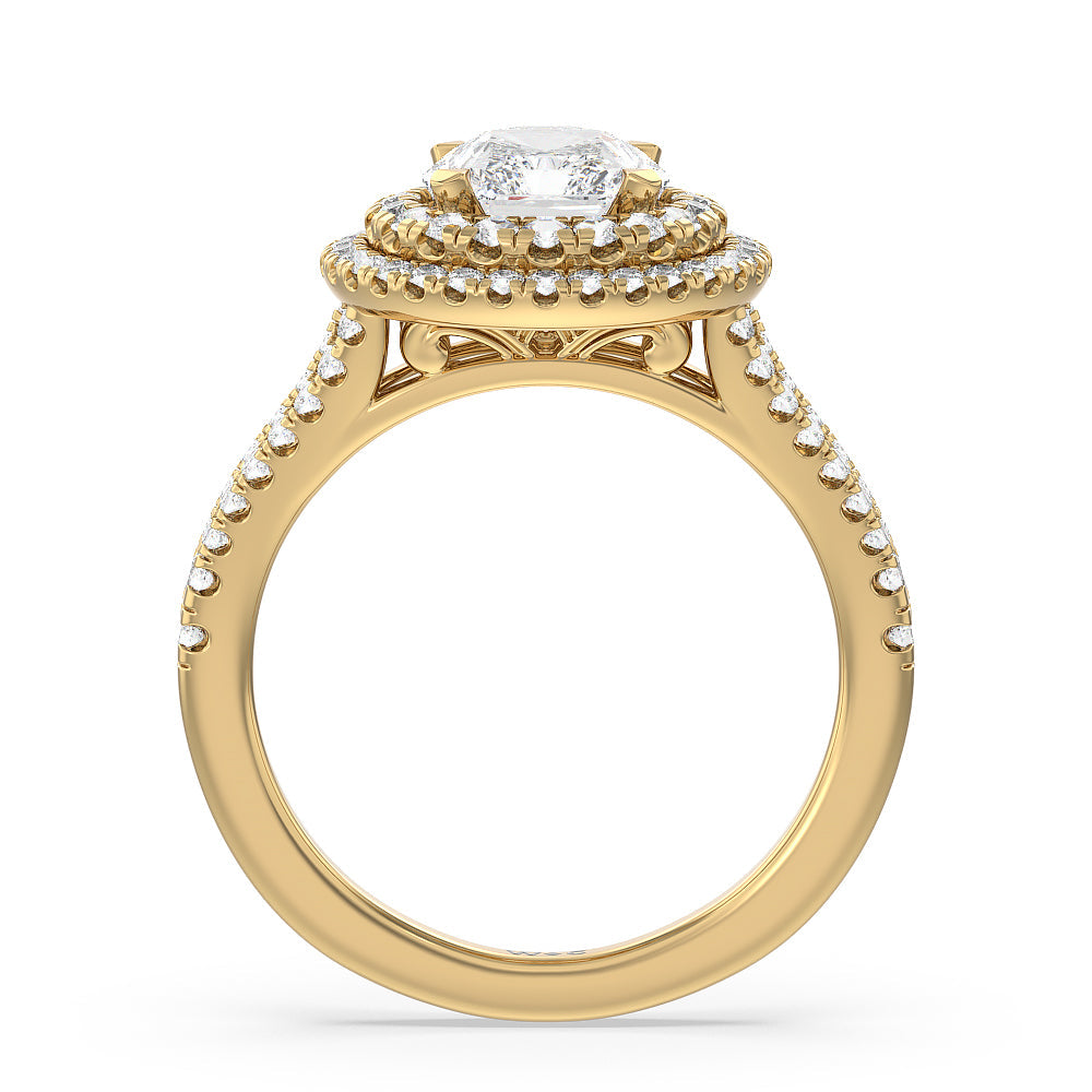 Double Halo Split Shank Cathedral Engagement Ring with Radiant Cut Diamond in 14KT Yellow Gold view 2
