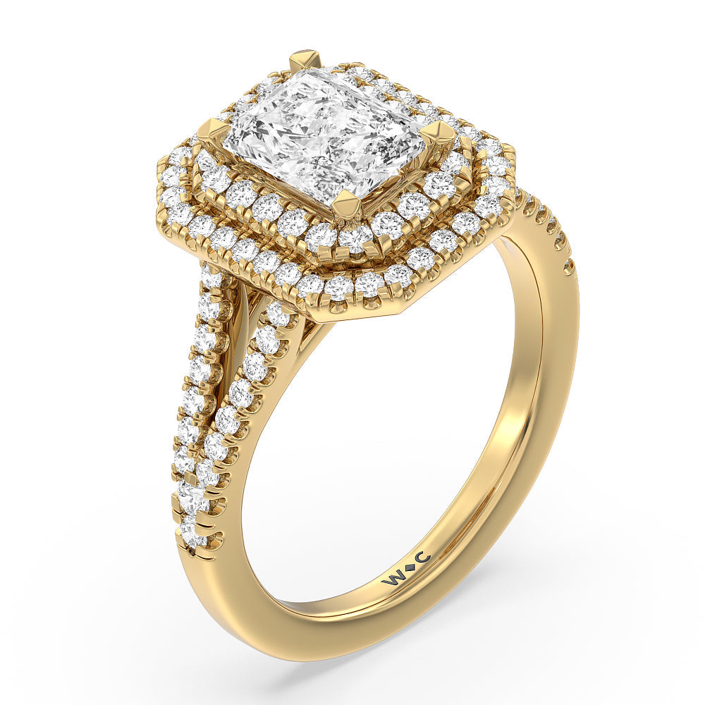 Double Halo Split Shank Cathedral Engagement Ring with Radiant Cut Diamond in 14KT Yellow Gold view 3
