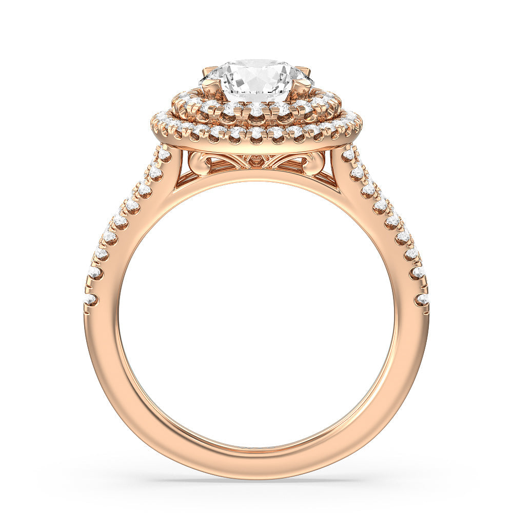 Double Halo Split Shank Cathedral Engagement Ring with Round Cut Diamond in 14KT Rose Gold view 2
