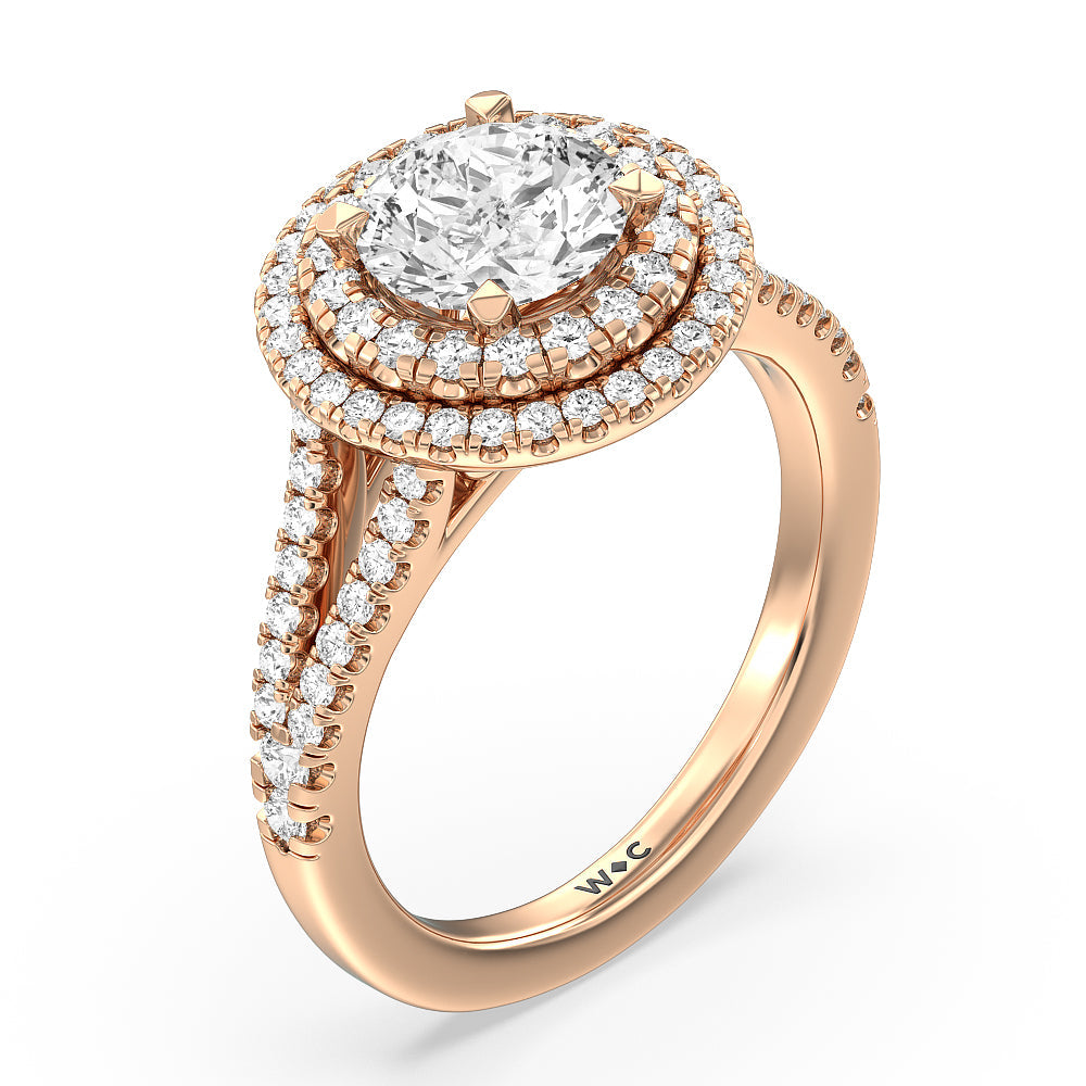 Double Halo Split Shank Cathedral Engagement Ring with Round Cut Diamond in 14KT Rose Gold view 3
