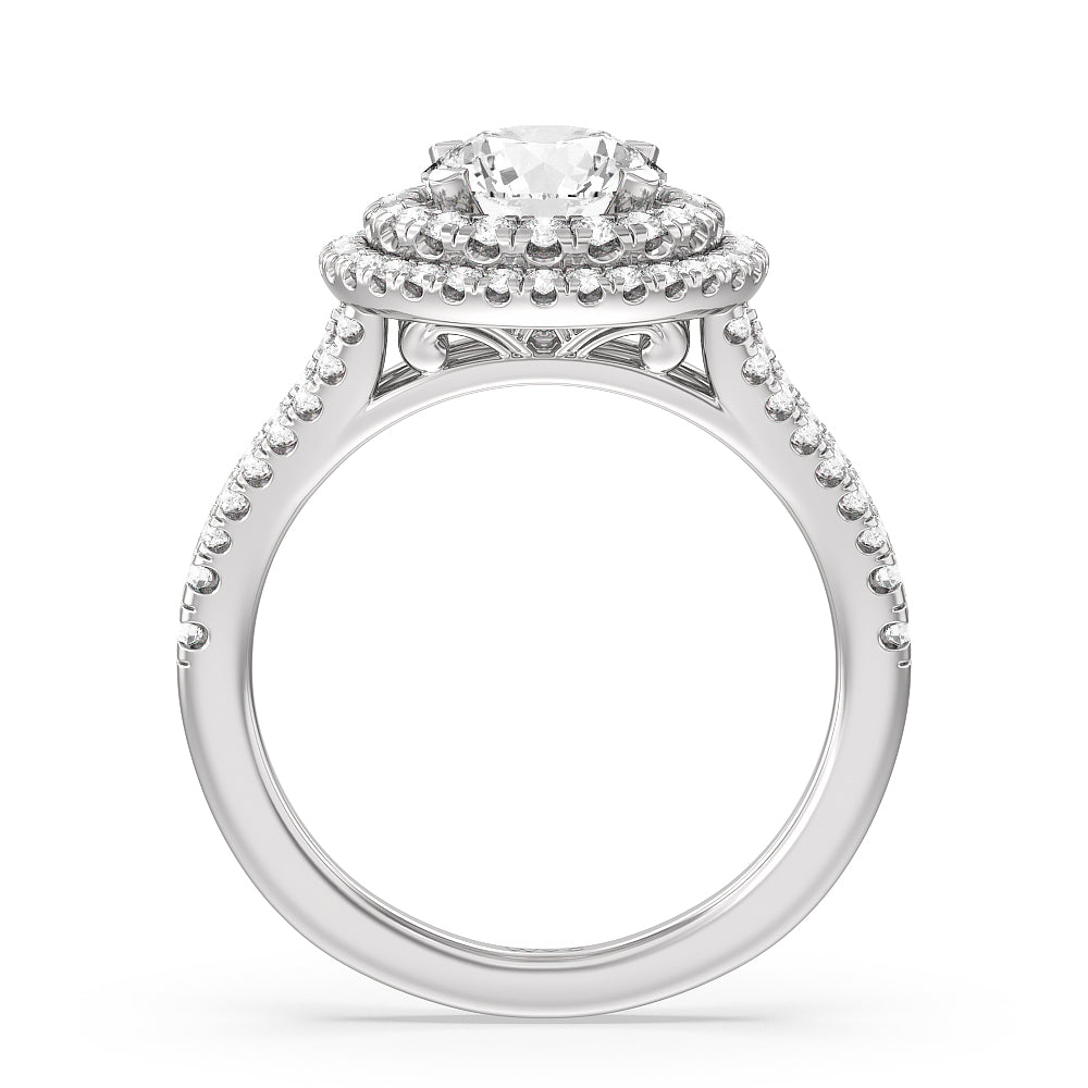 Double Halo Split Shank Cathedral Engagement Ring with Round Cut Diamond in 14KT Platinum view 2
