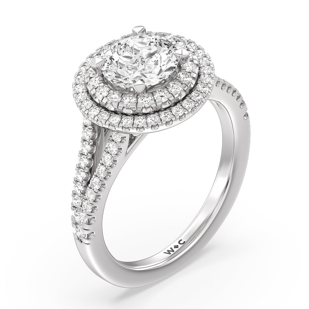 Double Halo Split Shank Cathedral Engagement Ring with Round Cut Diamond in 14KT Platinum view 3
