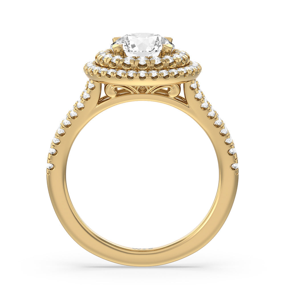 Double Halo Split Shank Cathedral Engagement Ring with Round Cut Diamond in 14KT Yellow Gold view 2
