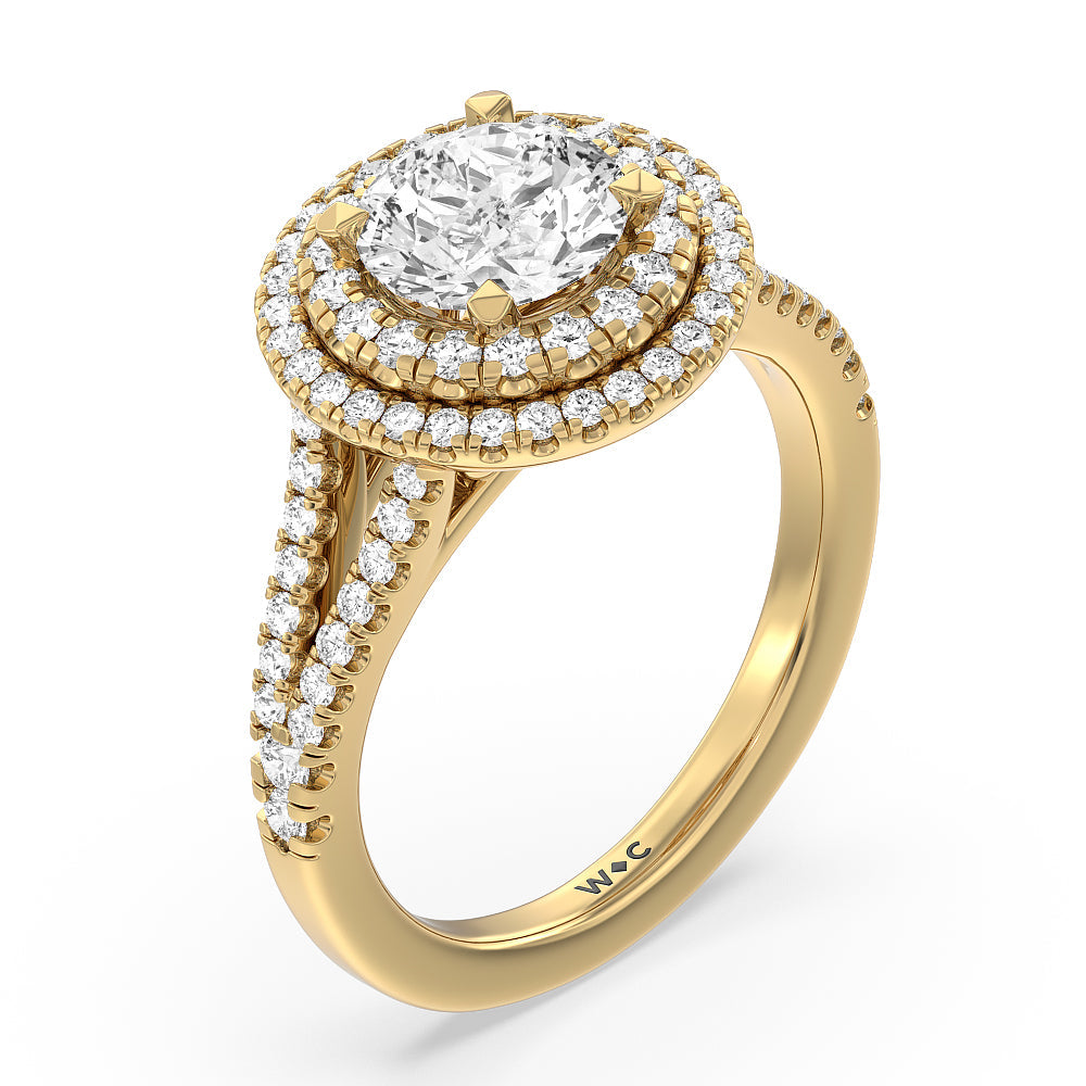 Double Halo Split Shank Cathedral Engagement Ring with Round Cut Diamond in 14KT Yellow Gold view 3
