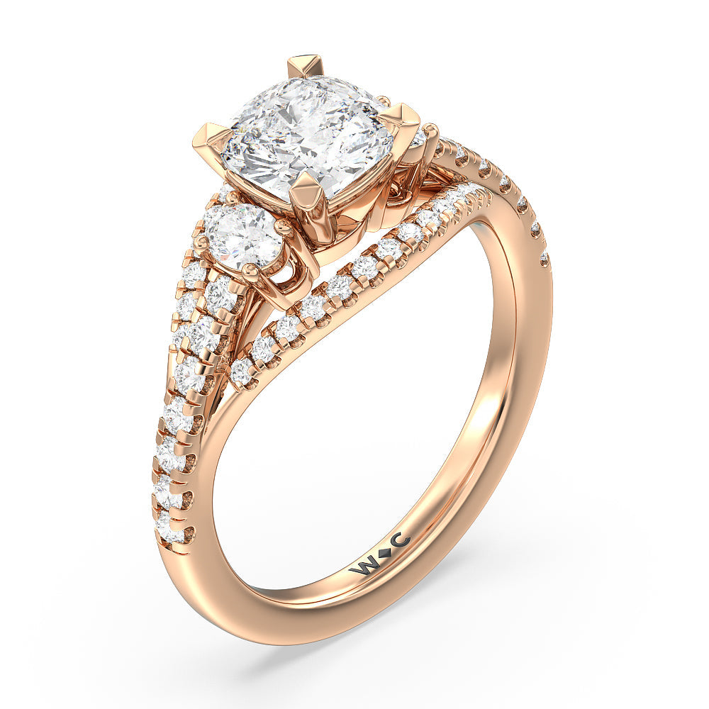 Cushion Cut Side Stone Bridge Accent Engagement Ring with Lab Grown Diamond in 14KT Rose Gold view 3
