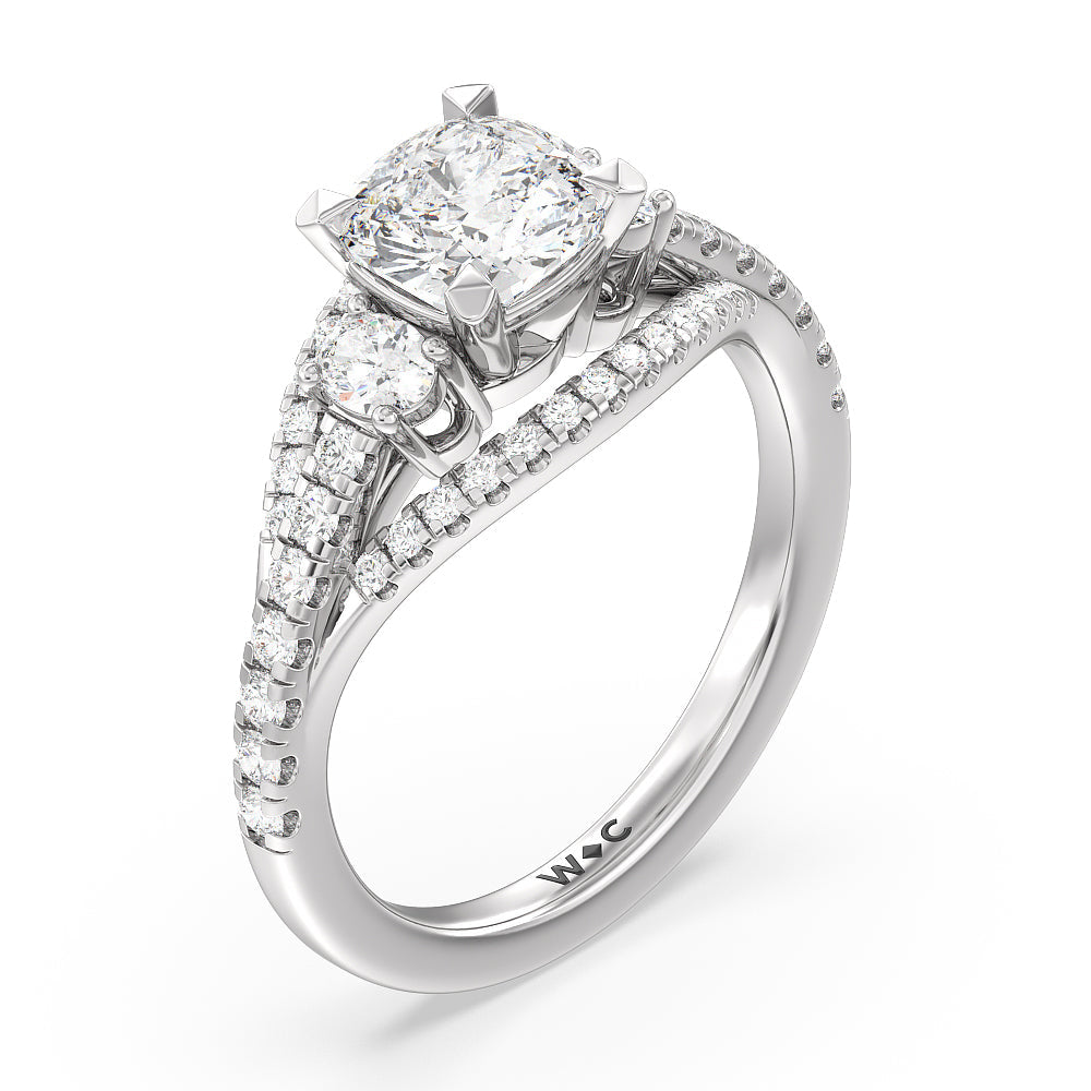 Cushion Cut Side Stone Bridge Accent Engagement Ring with Lab Grown Diamond in 14KT Platinum view 3
