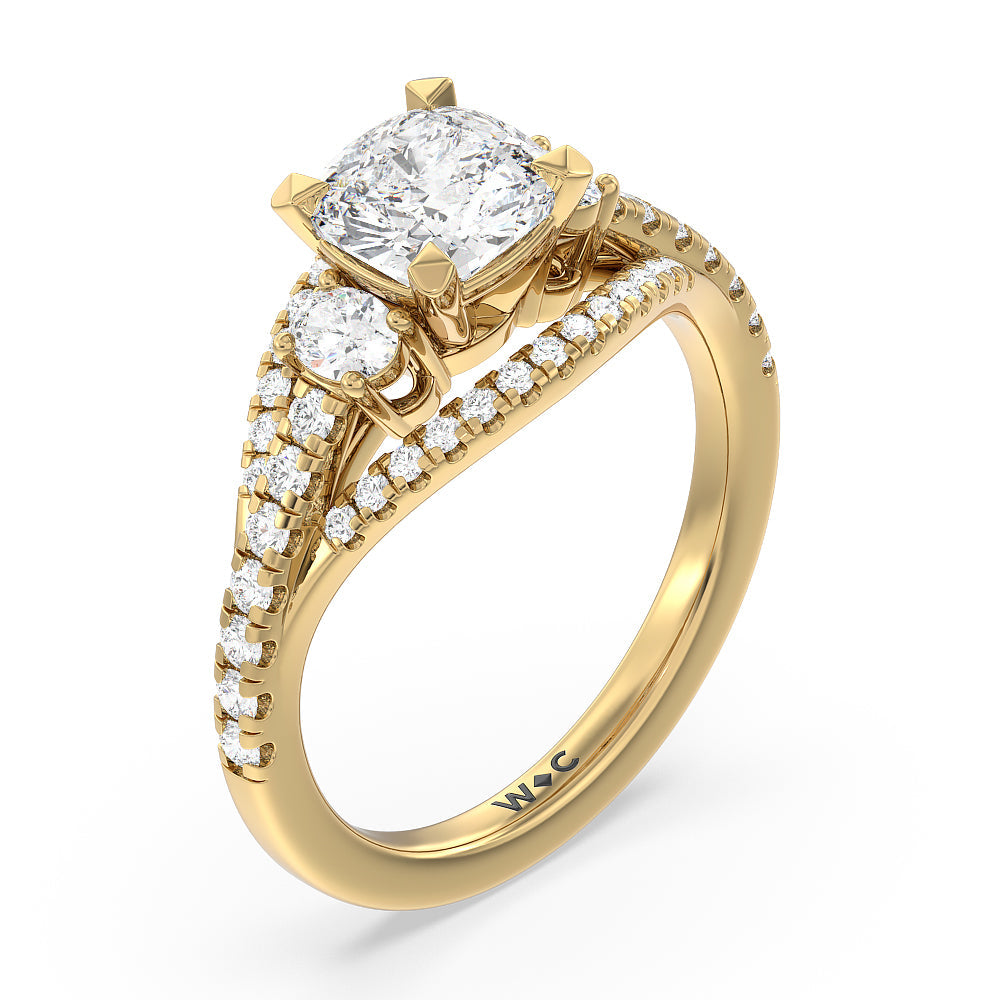 Cushion Cut Side Stone Bridge Accent Engagement Ring with Lab Grown Diamond in 14KT Yellow Gold view 3
