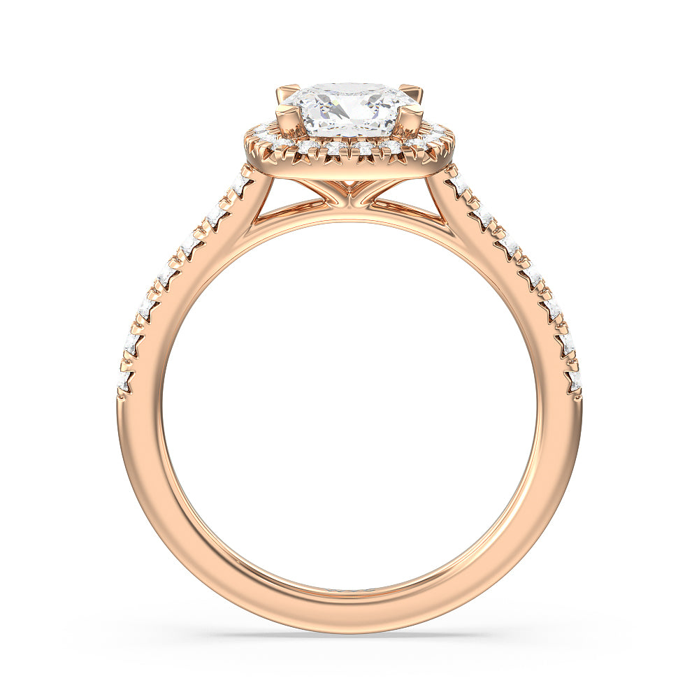 Cushion Cut Halo Cathedral Studded Engagement Ring with Lab Grown Diamond in 14KT Rose Gold view 2

