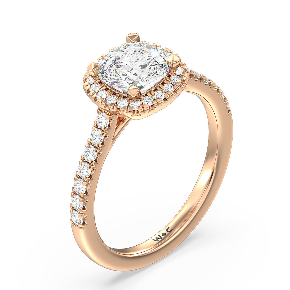Cushion Cut Halo Cathedral Studded Engagement Ring with Lab Grown Diamond in 14KT Rose Gold view 3
