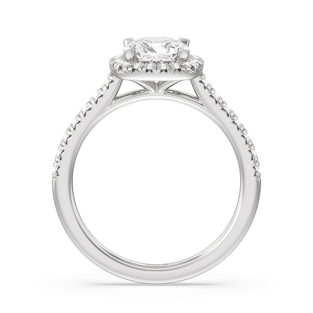 Cushion Cut Halo Cathedral Studded Engagement Ring with Lab Grown Diamond in 14KT Platinum view 2
