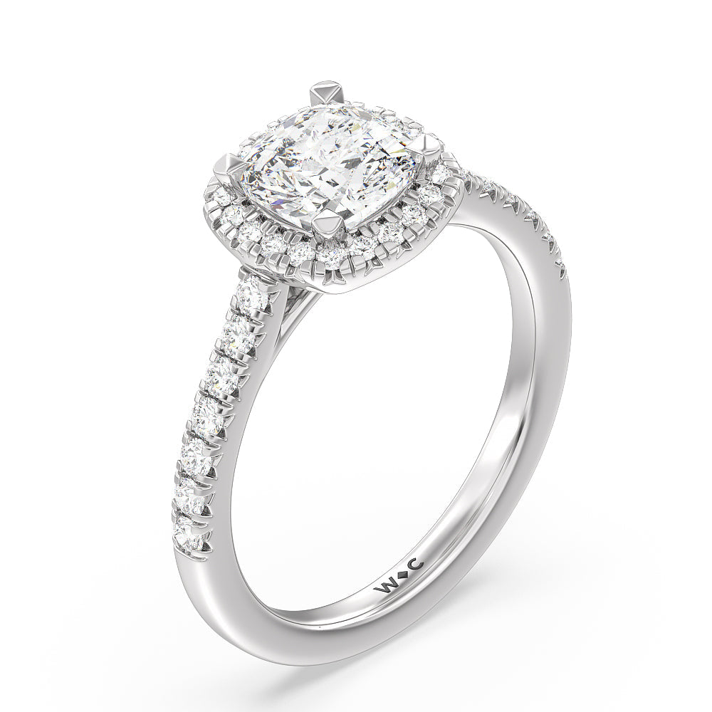 Cushion Cut Halo Cathedral Studded Engagement Ring with Lab Grown Diamond in 14KT Platinum view 3
