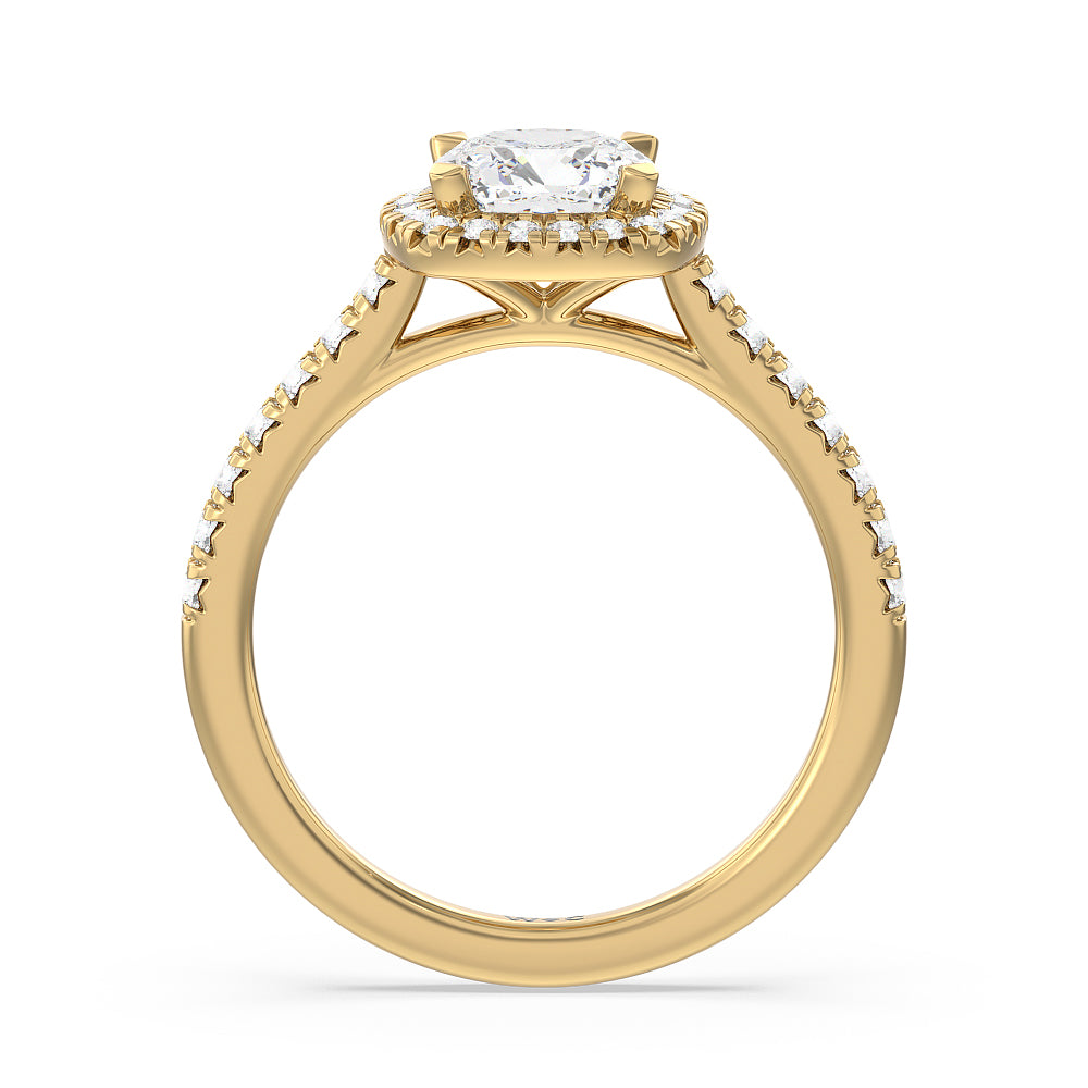 Cushion Cut Halo Cathedral Studded Engagement Ring with Lab Grown Diamond in 14KT Yellow Gold view 2
