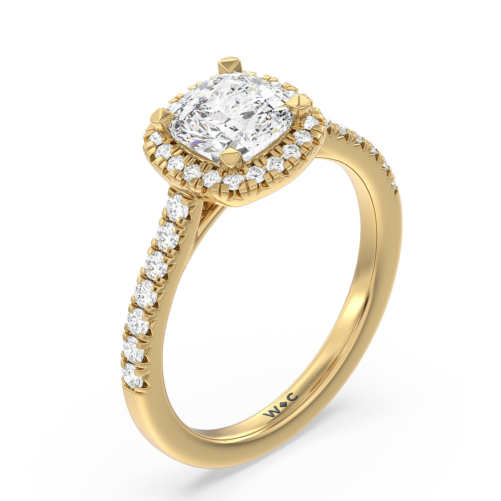 Cushion Cut Halo Cathedral Studded Engagement Ring with Lab Grown Diamond in 14KT Yellow Gold view 3
