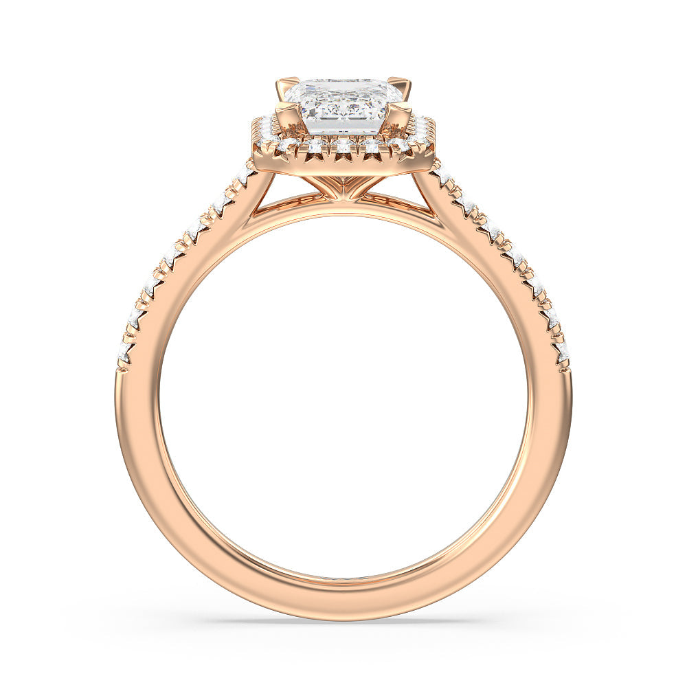 Emerald Cut Halo Cathedral Studded Engagement Ring with Lab Grown Diamond in 14KT Rose Gold view 2
