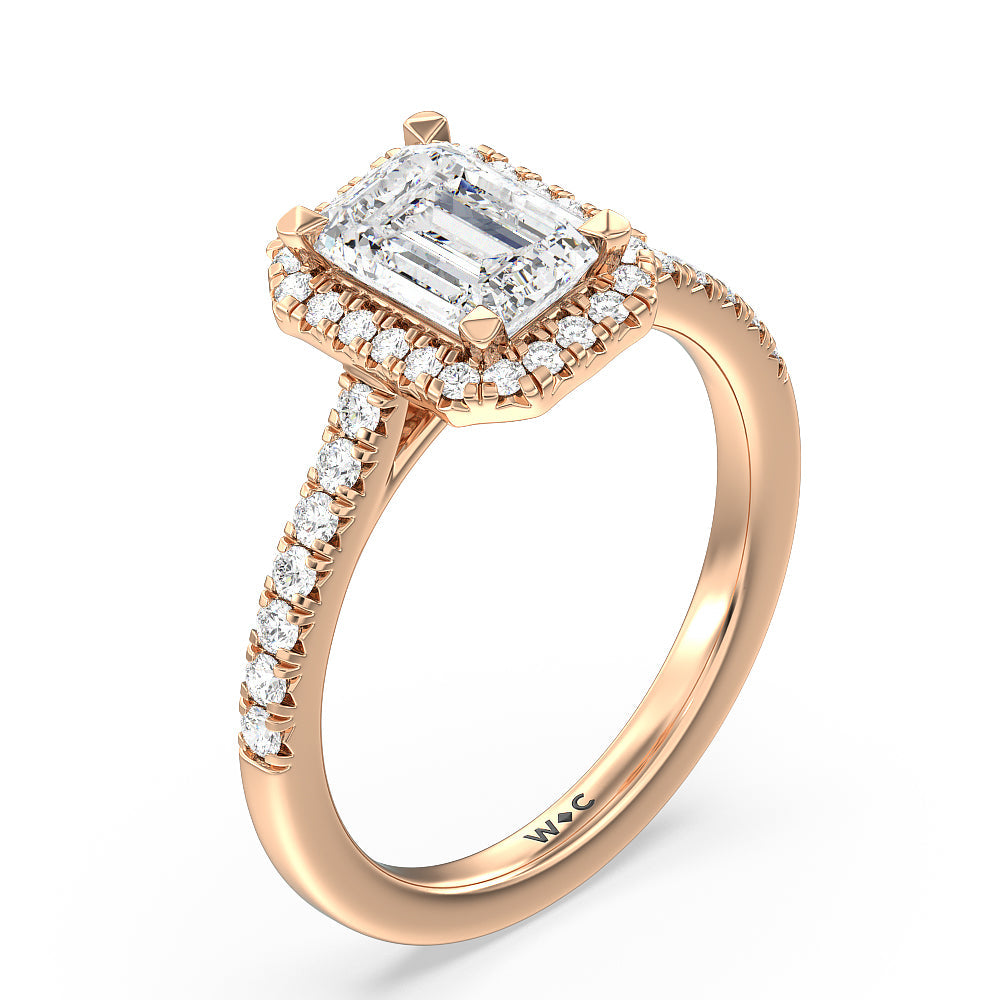 Emerald Cut Halo Cathedral Studded Engagement Ring with Lab Grown Diamond in 14KT Rose Gold view 3
