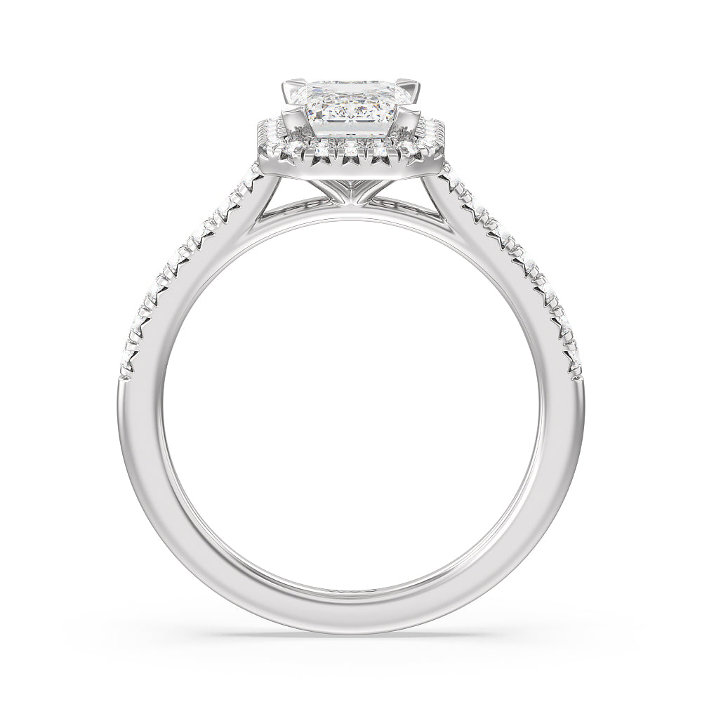 Emerald Cut Halo Cathedral Studded Engagement Ring with Lab Grown Diamond in 14KT Platinum view 2
