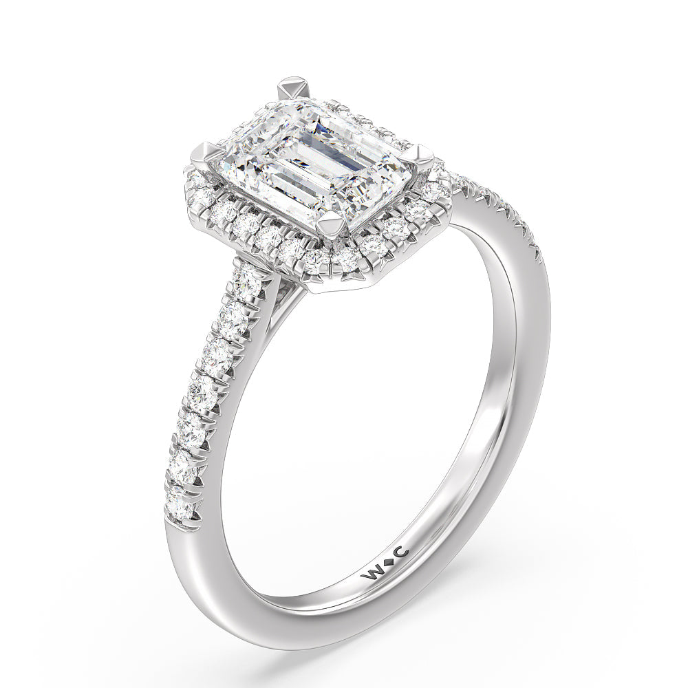 Emerald Cut Halo Cathedral Studded Engagement Ring with Lab Grown Diamond in 14KT Platinum view 3
