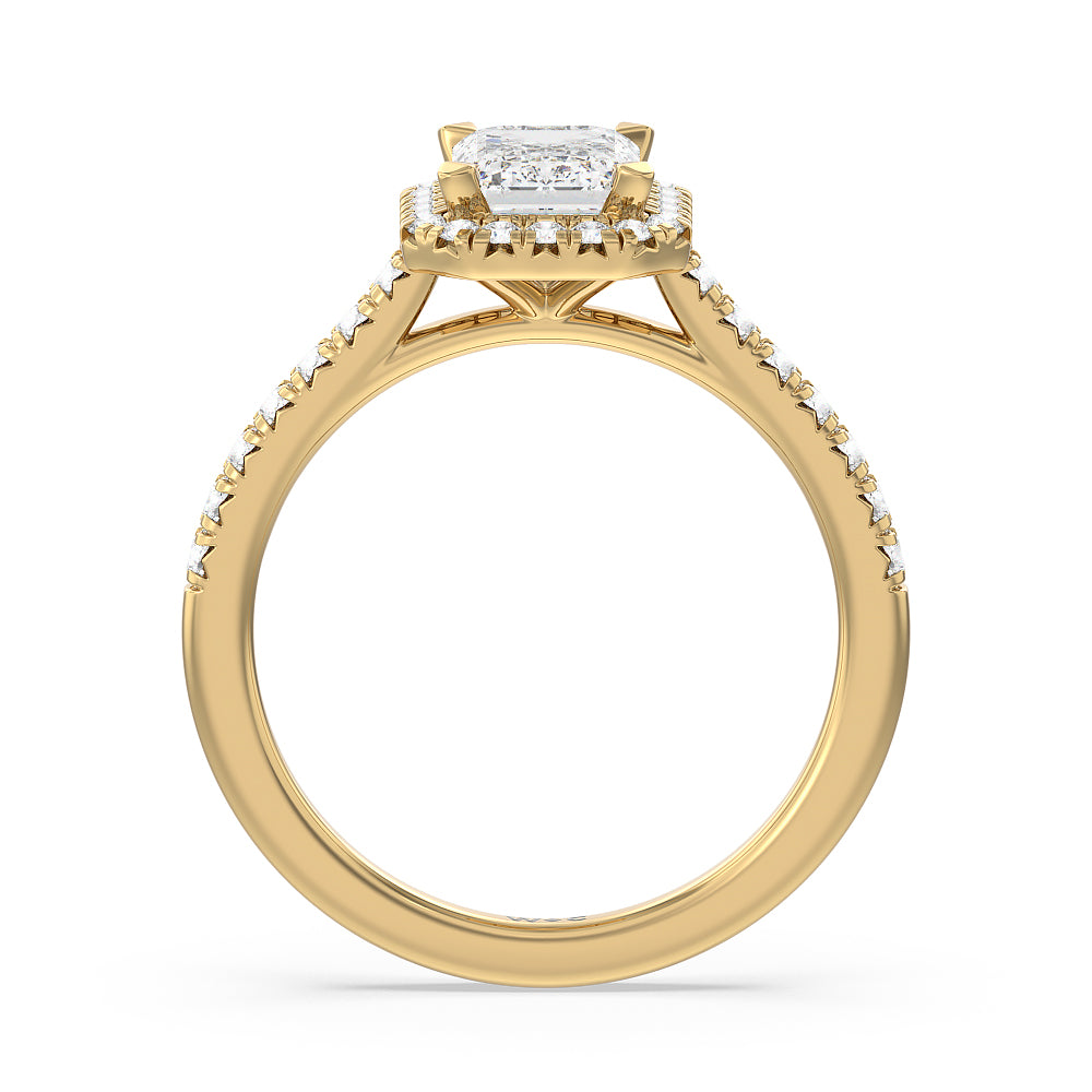 Emerald Cut Halo Cathedral Studded Engagement Ring with Lab Grown Diamond in 14KT Yellow Gold view 2

