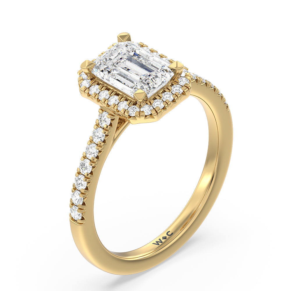 Emerald Cut Halo Cathedral Studded Engagement Ring with Lab Grown Diamond in 14KT Yellow Gold view 3
