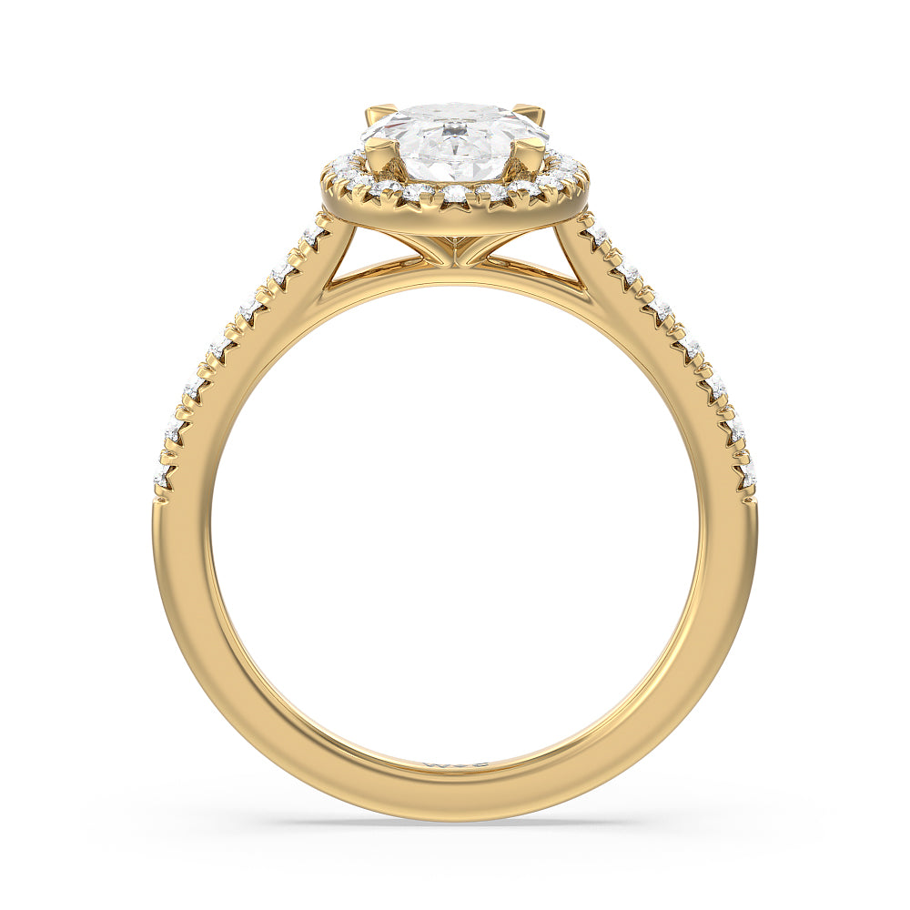 Oval Cut Halo Cathedral Studded Engagement Ring with Lab Grown Diamond in 14KT Yellow Gold view 2
