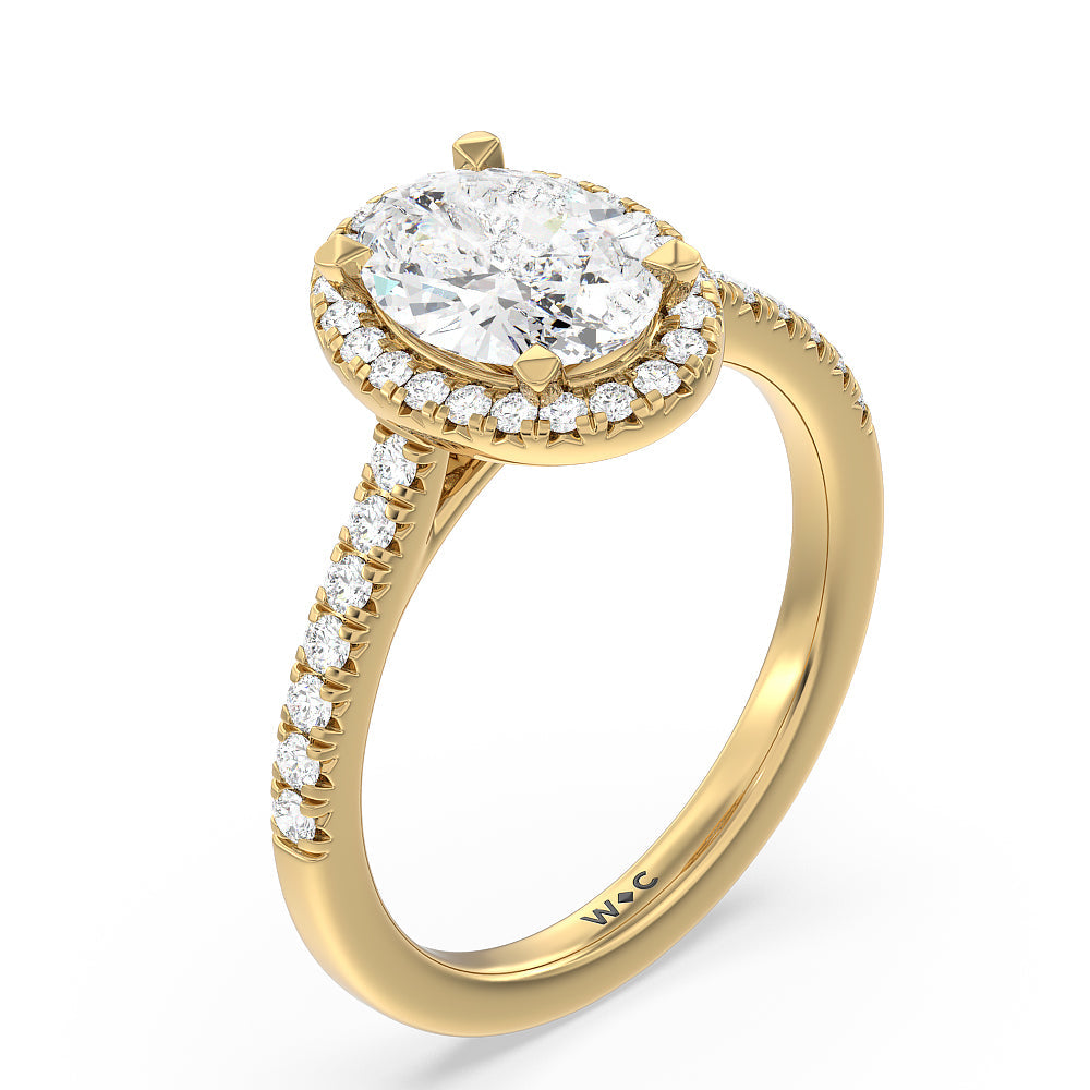 Oval Cut Halo Cathedral Studded Engagement Ring with Lab Grown Diamond in 14KT Yellow Gold view 3
