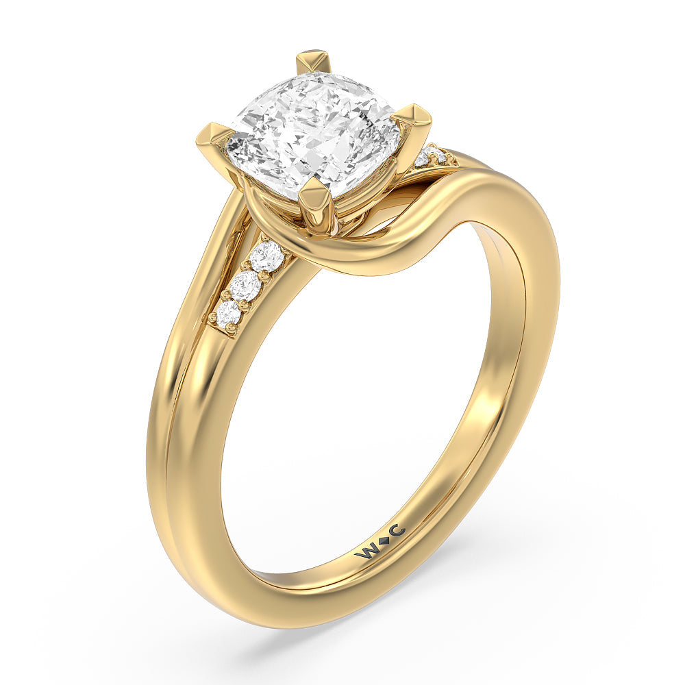 Cushion Cut Crossover Arm Studded Shank Engagement Ring with Lab Grown Diamond in 14KT Yellow Gold view 3
